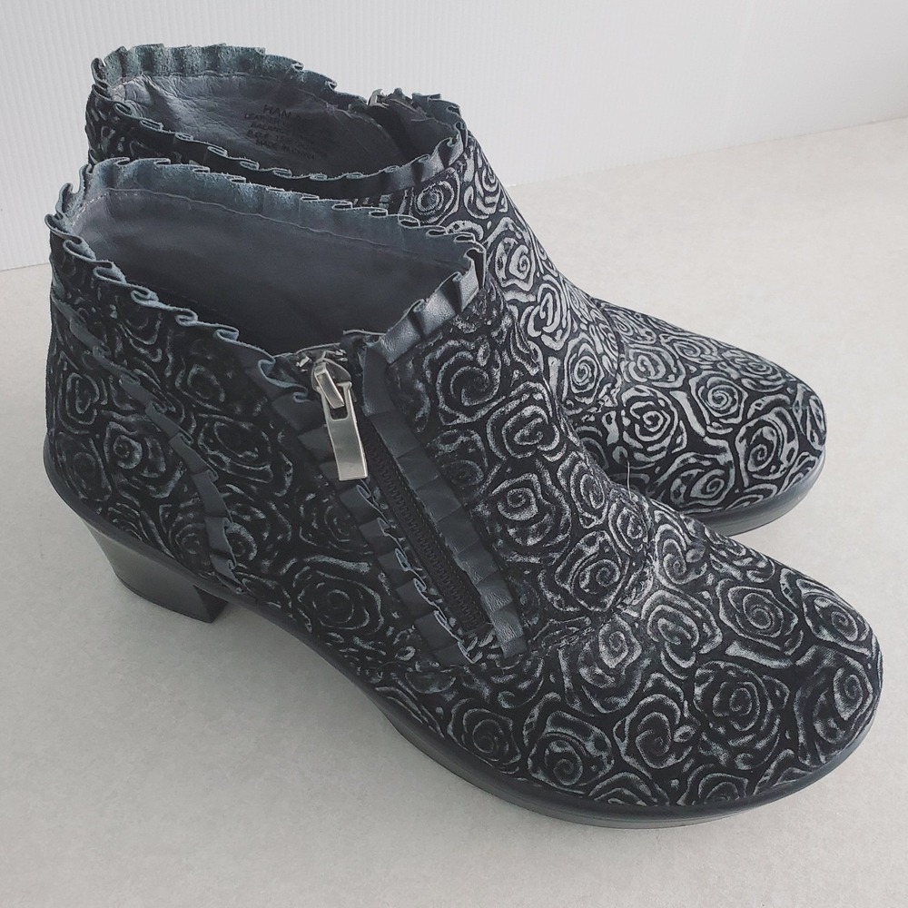 Alegria Hannah Ankle Boots Black Grey Rose Embossed Leather Comfort Shoes 39